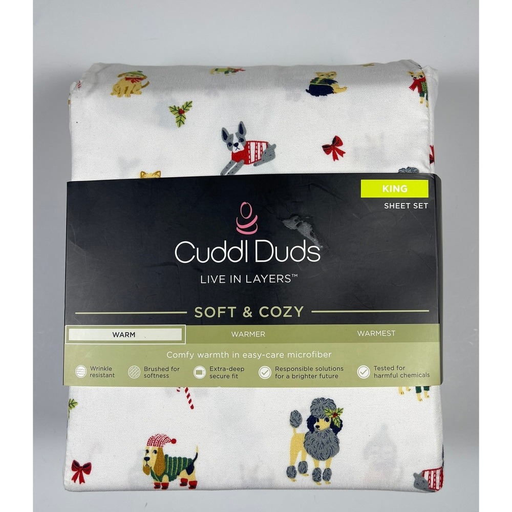 Cuddl Duds King Sheet Set Soft & Cozy Microfiber Christmas Dogs Cats White NEW